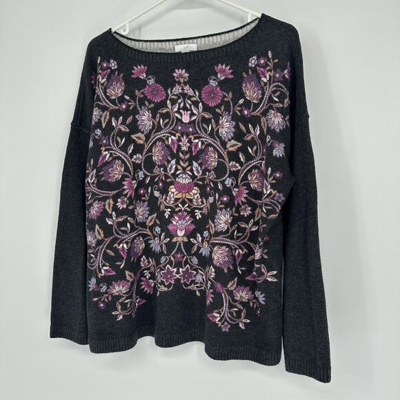 J Jill Sweater Womens Medium Petite Black Floral Jacquard Pullover Boho Knit - Picture 4 of 10